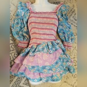 Yvonne & Love Tiered Boho Floral Ruffled Mini Dress S